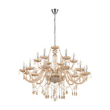 Joressa Glass 18 Light Pendant in chrome, a two-tier chandelier with twisted cognac glass arms, candle sleeves, and faceted glass droplets, hung on a chrome chain against a plain white background.