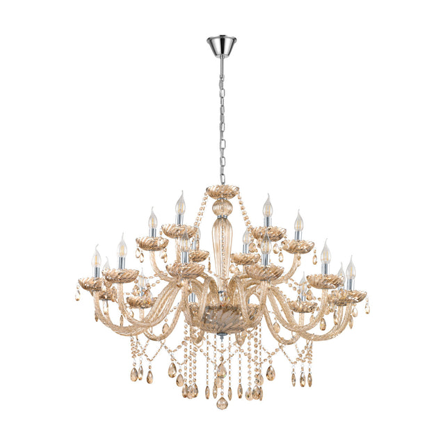 Joressa Glass 18 Light Pendant in chrome, a two-tier chandelier with twisted cognac glass arms, candle sleeves, and faceted glass droplets, hung on a chrome chain against a plain white background.