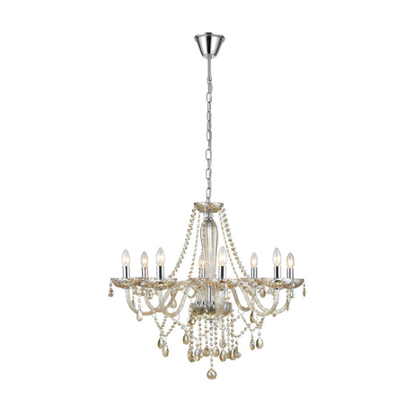 Joressa Glass 8 Light Pendant in chrome, a candle-style chandelier with curved cognac glass arms, chrome candle sleeves, and glass bead drops, suspended from a chain on a plain white background.