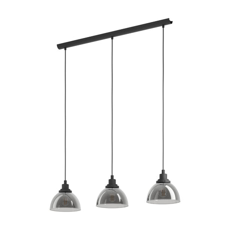 Jormine three-light linear pendant with a slim black steel bar and smoked glass dome shades on black suspensions, shown on a plain white background.