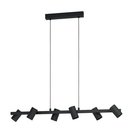 Jornenne 6-Light Linear Pendant in black steel with six angled cylindrical spotlights on a slim bar, hung from a rectangular ceiling canopy by two cables.
