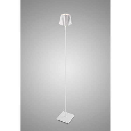 The K2 LED Battery Outdoor Floor Lamp 2.2W 3000K in white features a pleated shade, slim pole, and square base—ideal for stylish, portable lighting in any space.