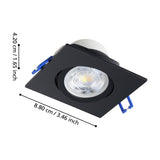 Kamarne LED Downlight in black, square aluminium bezel with tiltable round inner ring and integrated LED, shown with dimensions 8.80 x 4.20cm on a white background.