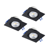 Set of three square black LED downlights, Kamarne 14.4W 8.8 x 8.8cm, each with a tiltable round inner ring and aluminium bezel, shown on a plain white background.