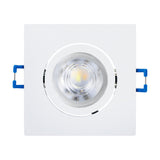 Kamarne LED Downlight square white recessed fixture, 8.8 x 8.8cm aluminium frame with round lens, shown face-on on a plain white background.