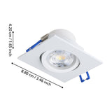 Kamarne LED Downlight, square white aluminium recessed fixture with round tiltable lens, blue connectors, shown with dimension labels 8.80cm width and 4.20cm depth on a white background.