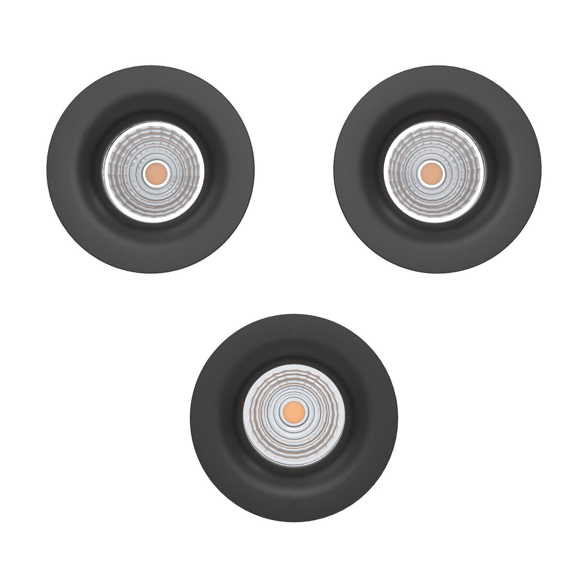 Set of three round Kamarne LED downlights with black trim, aluminium body, and silver reflector detail, shown on a plain white background.