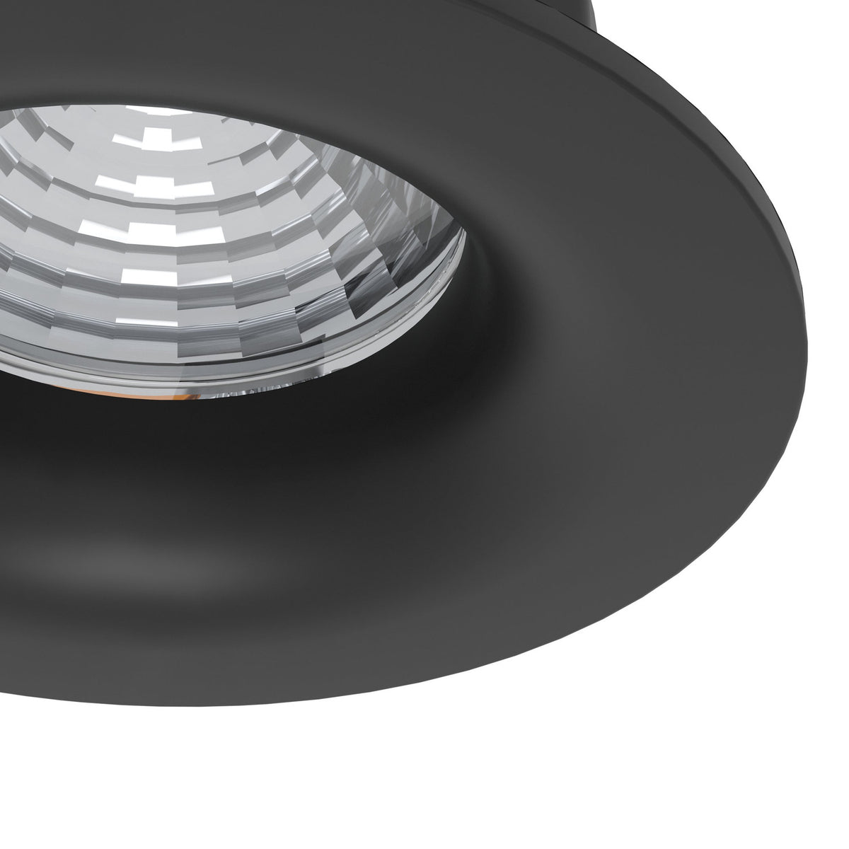 Close-up of the Kamarne LED Downlight with round black aluminium trim and faceted chrome reflector, 8.8cm recessed fixture shown against a white background.