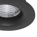 Close-up of the Kamarne LED Downlight with round black aluminium trim and faceted chrome reflector, 8.8cm recessed fixture shown against a white background.