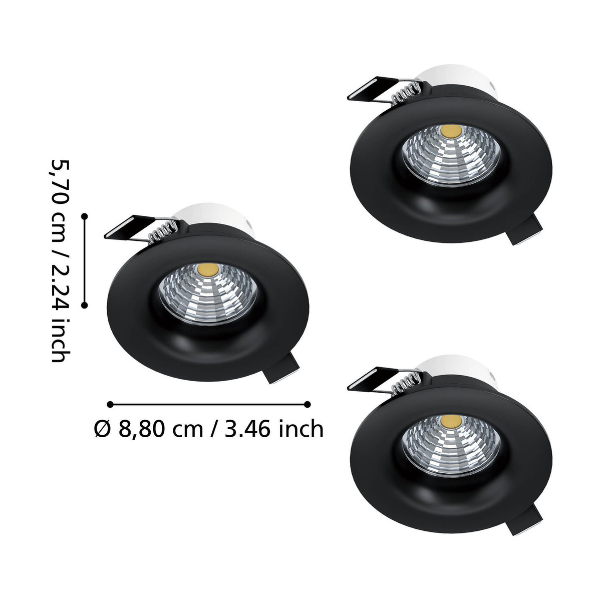 Kamarne LED Downlight set of three round black recessed fittings with aluminium body, showing diameter 8.80cm and depth 5.70cm on a white background.