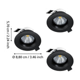Kamarne LED Downlight set of three round black recessed fittings with aluminium body, showing diameter 8.80cm and depth 5.70cm on a white background.