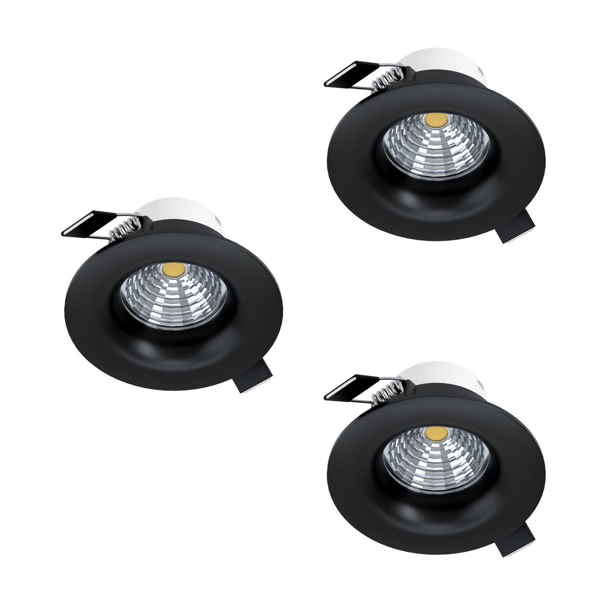 Set of three round Kamarne LED downlights with black aluminium trims and spring clip fittings, shown recessed-style on a plain white background.