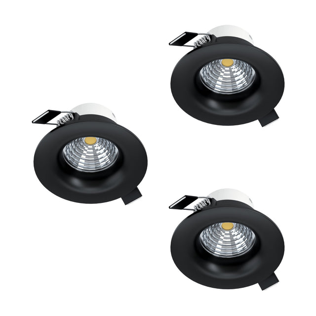 Set of three round Kamarne LED downlights with black aluminium trims and spring clip fittings, shown recessed-style on a plain white background.