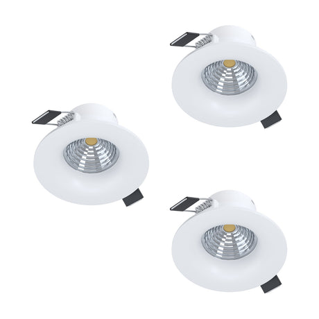 Kamarne LED Downlight set of 3, round white recessed fittings with aluminium body and faceted silver reflector, 8.8cm, shown on a plain white background.