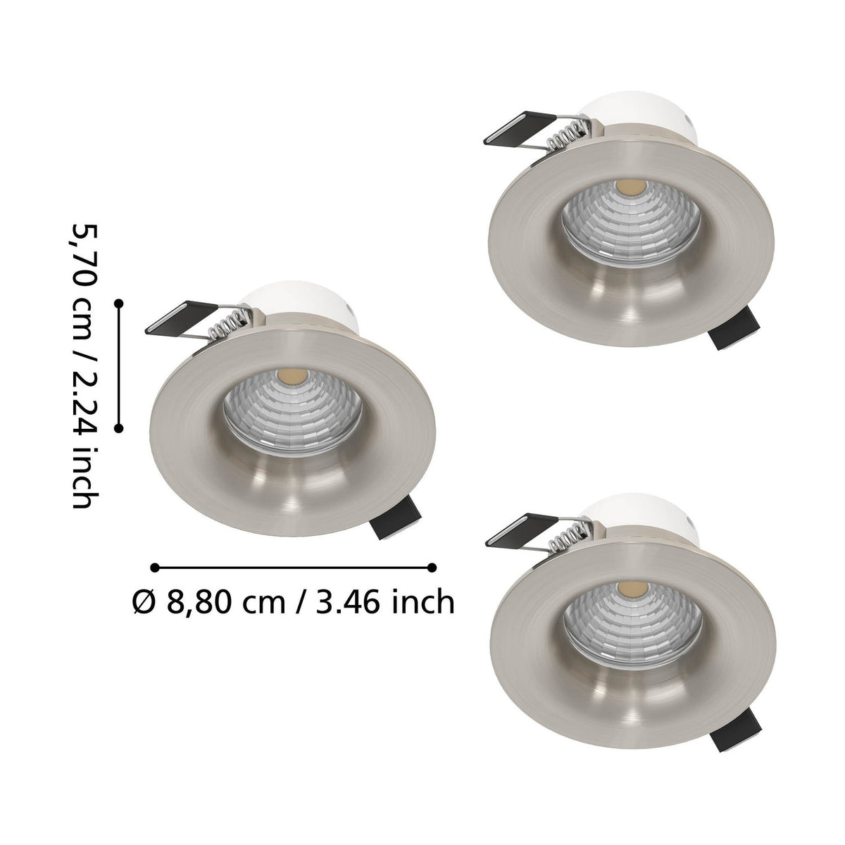Kamarne LED Downlight set of 3 in satin nickel, round aluminium trims with spring clips, shown with 8.80 cm diameter and 5.70 cm depth dimensions on a white background.