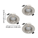 Kamarne LED Downlight set of 3 in satin nickel, round aluminium trims with spring clips, shown with 8.80 cm diameter and 5.70 cm depth dimensions on a white background.