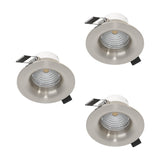 Set of three Kamarne LED downlights with round satin nickel trims, white recessed housings, and spring clip fittings, shown on a plain white background.