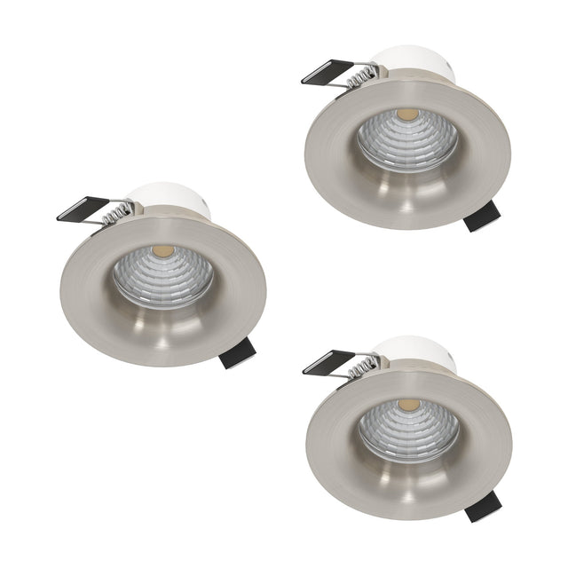 Set of three Kamarne LED downlights with round satin nickel trims, white recessed housings, and spring clip fittings, shown on a plain white background.