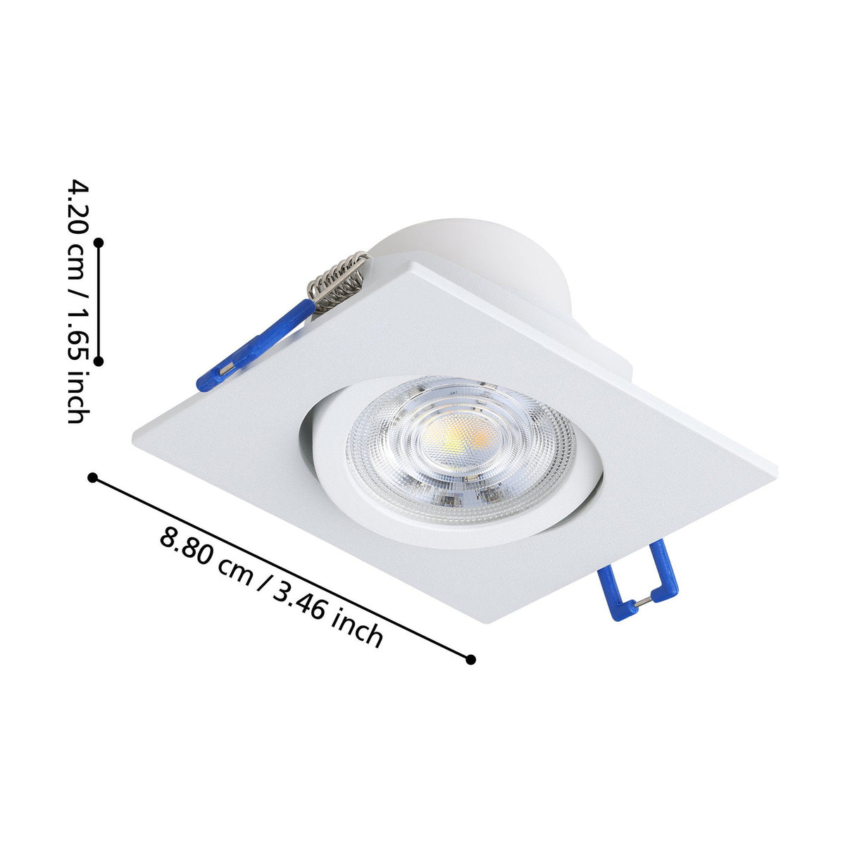 Kamarne LED Downlight in white, square aluminium trim with tiltable round lens, shown with dimensions 8.80cm x 4.20cm and blue connector wires on a white background.