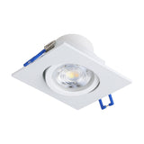 Kamarne LED downlight in white, square aluminium trim with a round tilting lens and blue connector wires, shown against a plain white background.