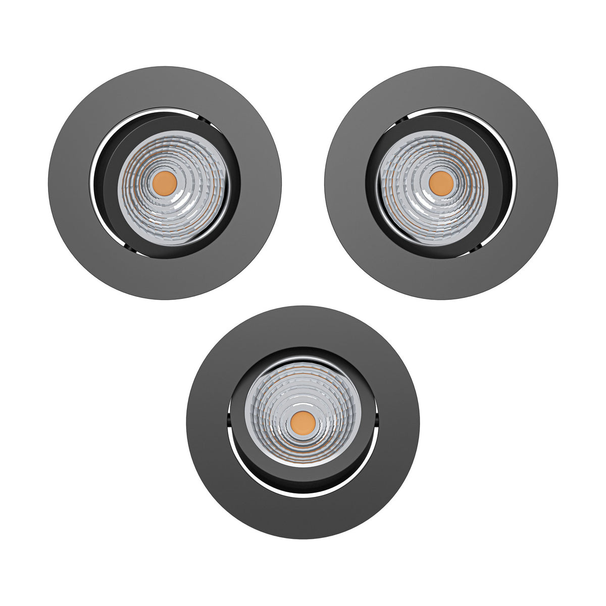 Set of three round recessed LED downlights in black aluminium with tilting heads, 8.8cm diameter, cool white, on a plain white background.