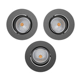Set of three round recessed LED downlights in black aluminium with tilting heads, 8.8cm diameter, cool white, on a plain white background.