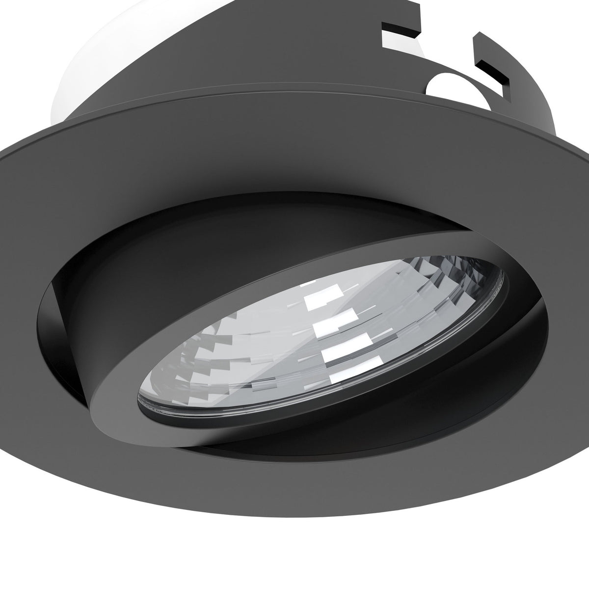Close-up of a round black recessed LED downlight from the Kamarne set, showing its aluminium body, tilting head, and integrated LED lens on a plain white background.