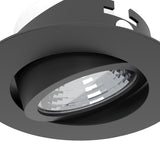 Close-up of a round black recessed LED downlight from the Kamarne set, showing its aluminium body, tilting head, and integrated LED lens on a plain white background.