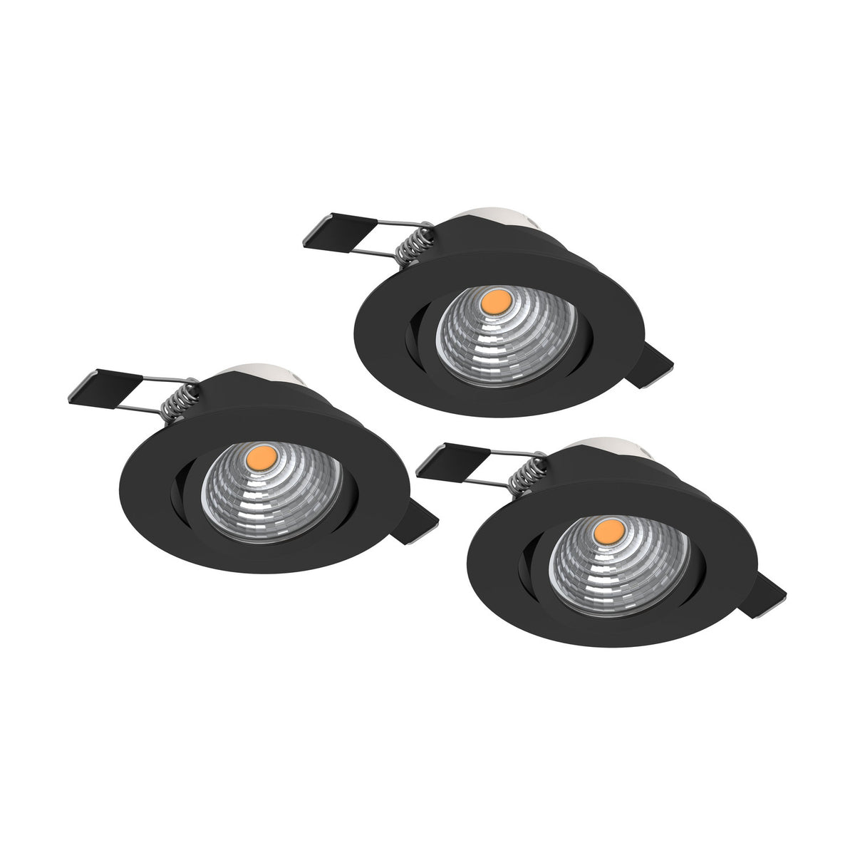 Set of three round black recessed LED downlights with aluminium bodies and adjustable tilting heads, shown on a plain white background.