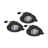 Set of three round black recessed LED downlights with aluminium bodies and adjustable tilting heads, shown on a plain white background.