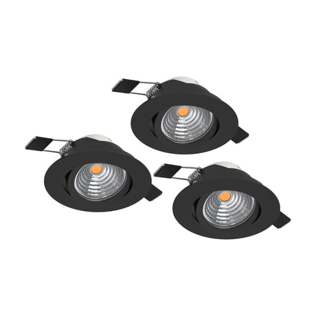 Set of three round black recessed LED downlights with aluminium bodies and adjustable tilting heads, shown on a plain white background.
