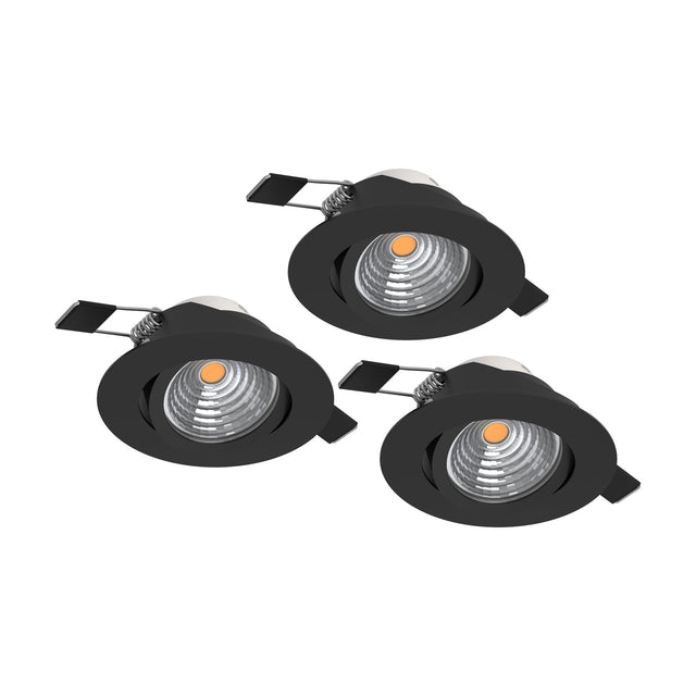 Set of three round black recessed LED downlights with aluminium bodies and adjustable tilting heads, shown on a plain white background.