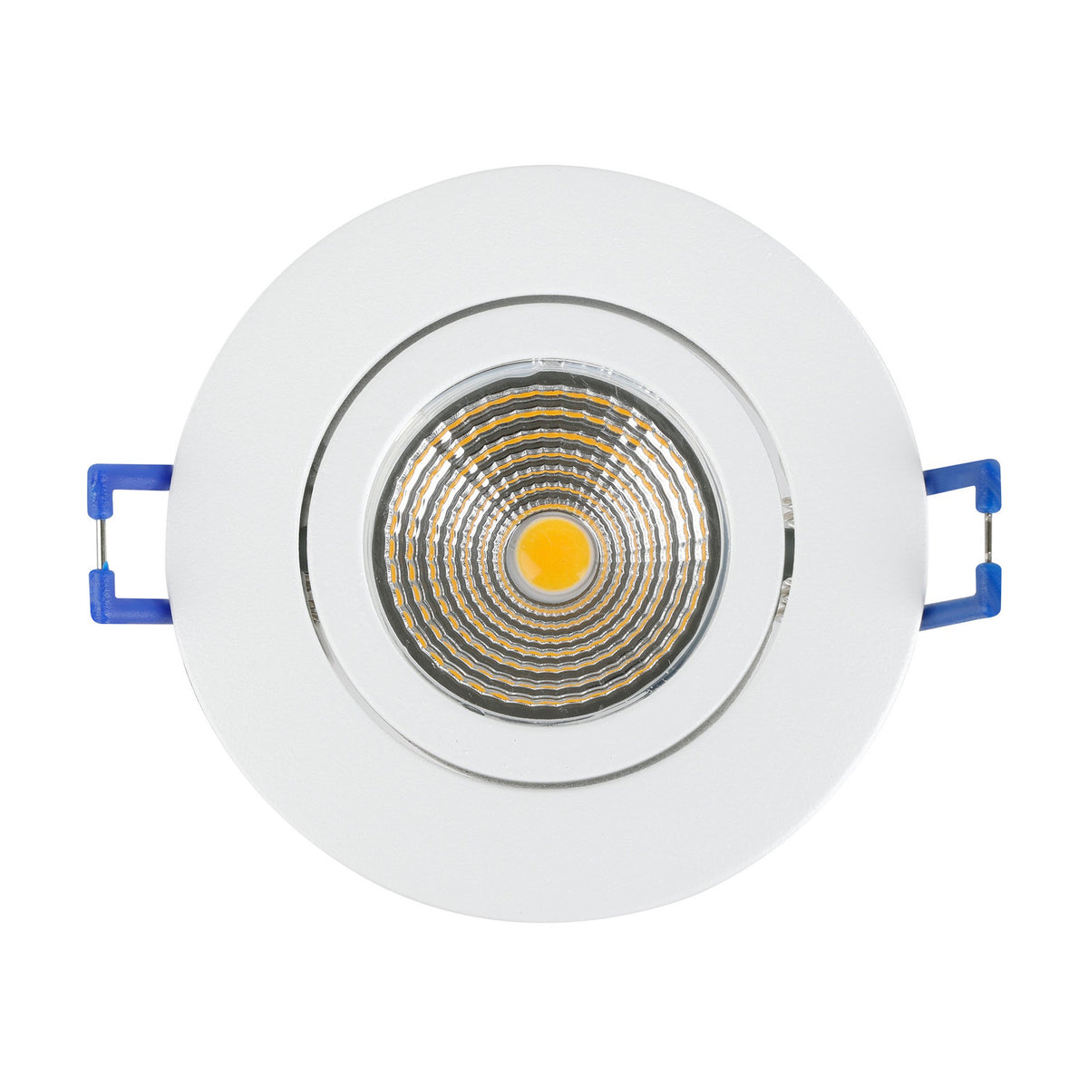 Kamarne LED Downlight, round white aluminium fixture with tilting inner ring, silver reflector and warm white integrated LED, shown on a plain white background.