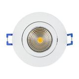 Kamarne LED Downlight, round white aluminium fixture with tilting inner ring, silver reflector and warm white integrated LED, shown on a plain white background.