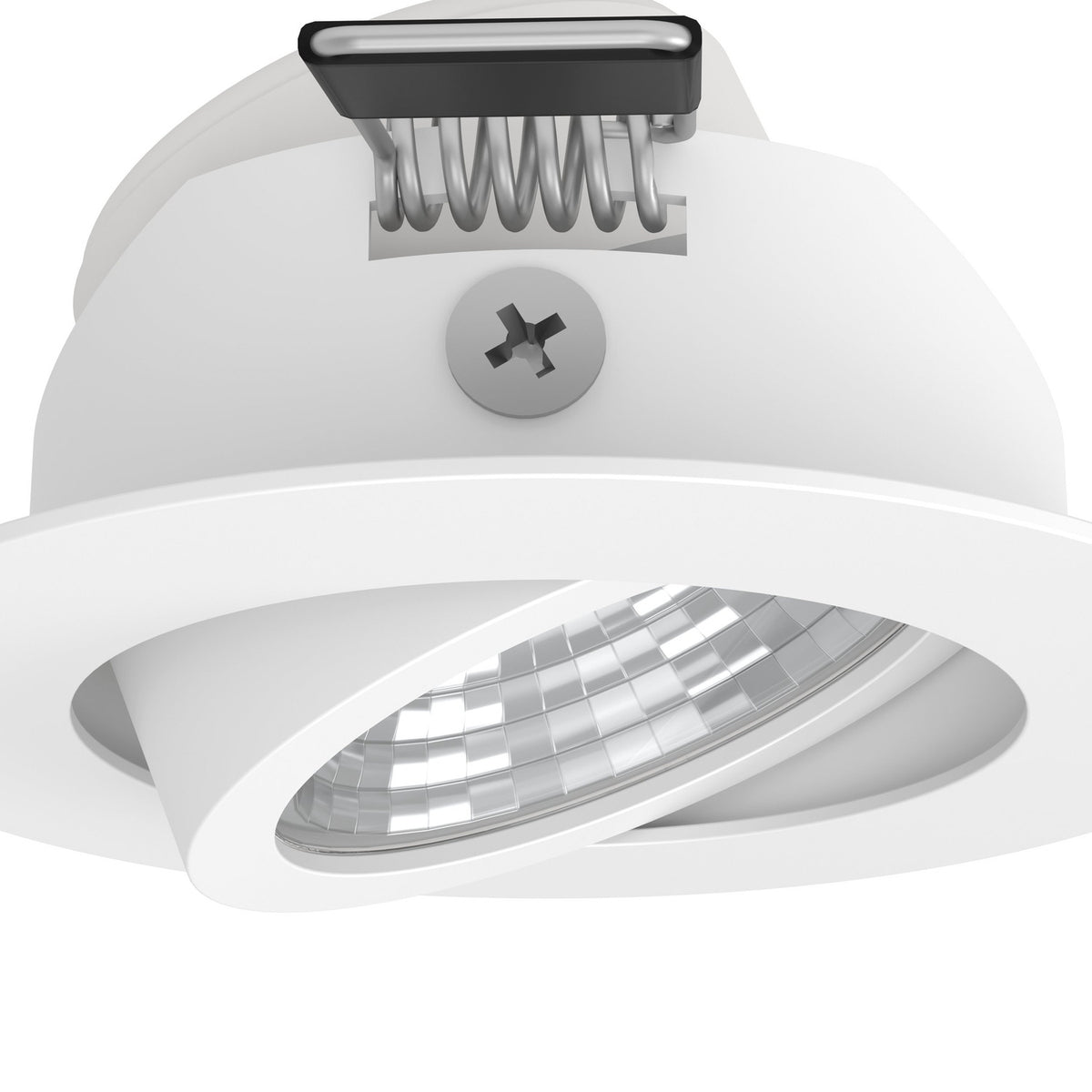 Close-up of the Kamarne LED downlight in white aluminium, showing the round tilting ring, silver reflector, spring clips and fixing screw on a plain background.