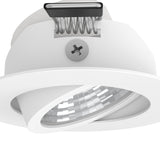 Close-up of the Kamarne LED downlight in white aluminium, showing the round tilting ring, silver reflector, spring clips and fixing screw on a plain background.