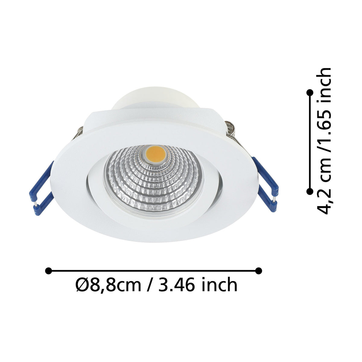 Kamarne LED downlight in white with round aluminium trim, tilting inner ring and silver reflector, shown with dimension labels Ø8.8cm and 4.2cm depth on a white background.