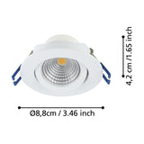 Kamarne LED downlight in white with round aluminium trim, tilting inner ring and silver reflector, shown with dimension labels Ø8.8cm and 4.2cm depth on a white background.