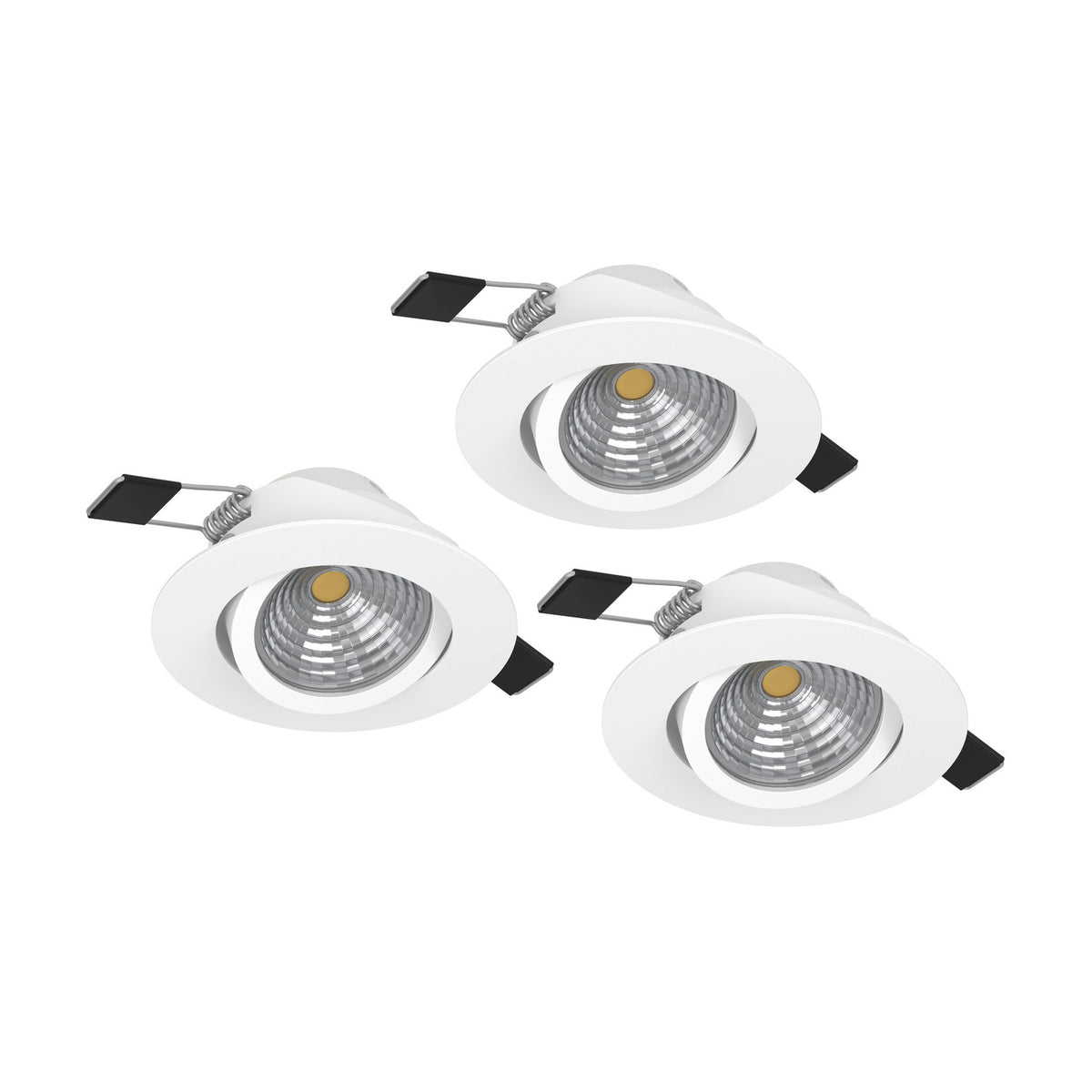 Set of three Kamarne round LED downlights in white aluminium, each with a tilting inner ring and silver reflector, shown with spring clips on a plain white background.