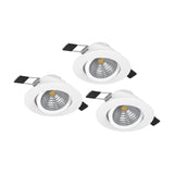 Set of three Kamarne round LED downlights in white aluminium, each with a tilting inner ring and silver reflector, shown with spring clips on a plain white background.