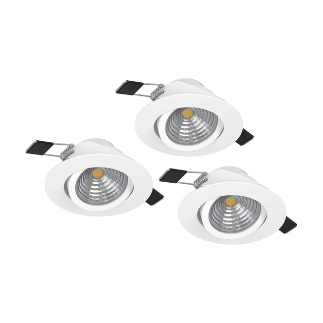Set of three Kamarne round LED downlights in white aluminium, each with a tilting inner ring and silver reflector, shown with spring clips on a plain white background.
