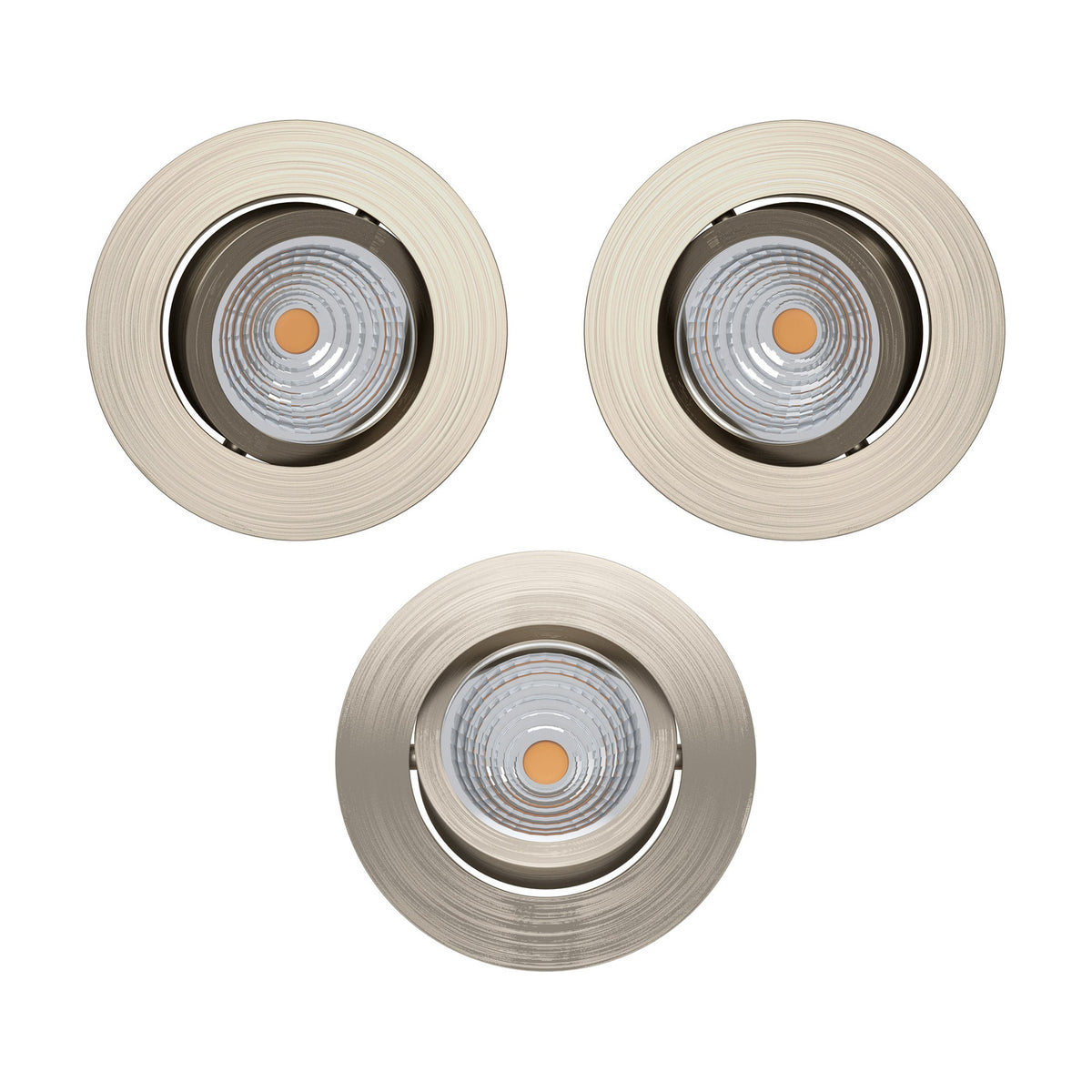 Kamarne LED Downlight set of three round satin nickel fixtures with tilting heads and integrated LED, shown on a plain white background.