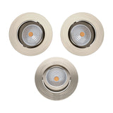 Kamarne LED Downlight set of three round satin nickel fixtures with tilting heads and integrated LED, shown on a plain white background.