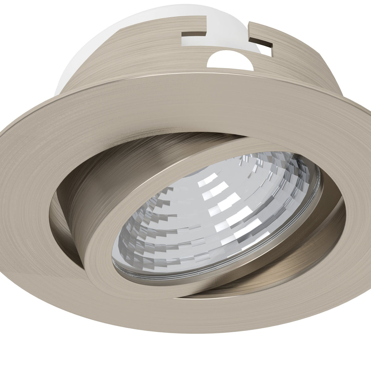Kamarne LED downlight in satin nickel with brushed aluminium trim and tilting head, shown at an angle on a plain white background.