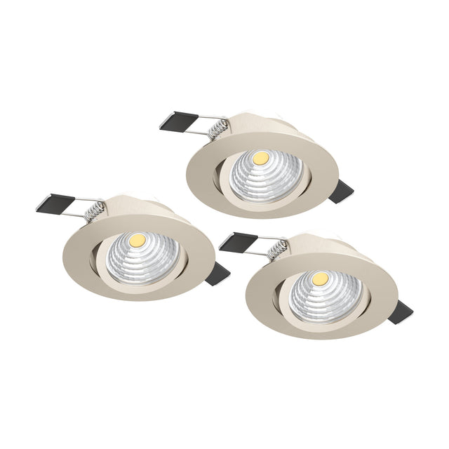 Set of three round Kamarne LED downlights with satin nickel trim, aluminium body, and adjustable tiltable heads, shown on a plain white background.