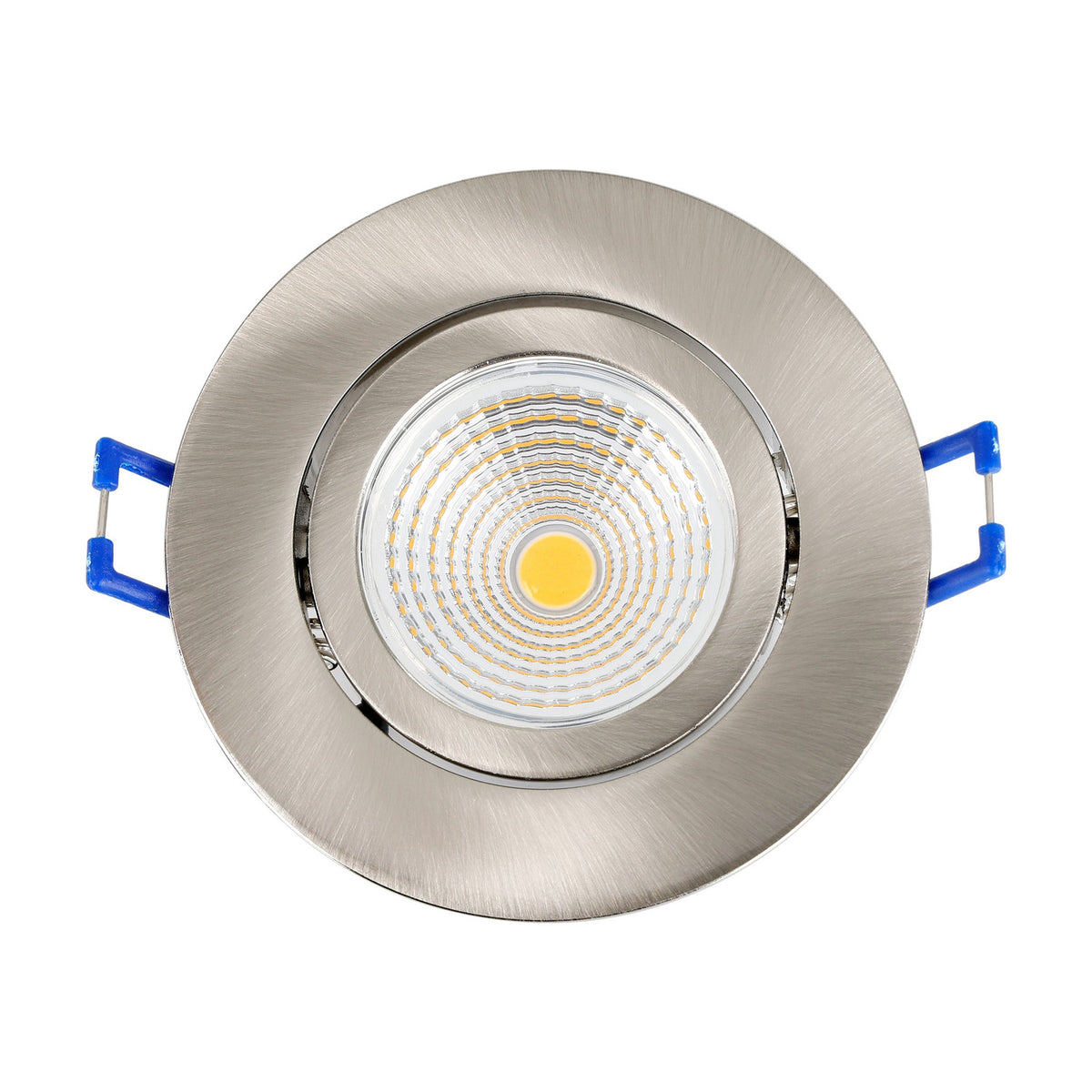Kamarne LED downlight in satin nickel with round aluminium trim and adjustable tilting lens, shown close-up on a plain white background.