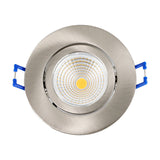 Kamarne LED downlight in satin nickel with round aluminium trim and adjustable tilting lens, shown close-up on a plain white background.
