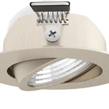 Kamarne LED Downlight close-up in satin nickel, showing the round aluminium body, adjustable tilting trim, integrated LED lens, spring clips and fixing screw on a white background.