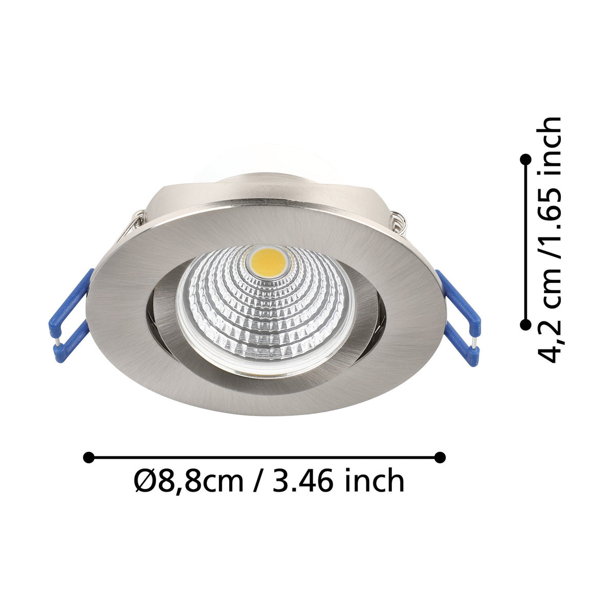 Kamarne LED downlight in satin nickel with adjustable round aluminium trim and integrated warm white LED, shown with dimensions Ø8.8cm and 4.2cm height on a white background.