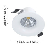 Kamarne round LED downlight in white with aluminium body and faceted reflector, shown with dimension labels for 8.8cm diameter and 5.7cm depth on a white background.